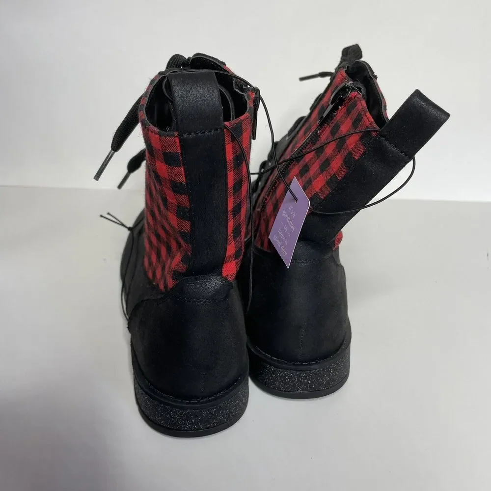 MIA Kids Boots Youth Girls 3 Kissia Side Zip Combat Black & Red Plaid Holiday‎